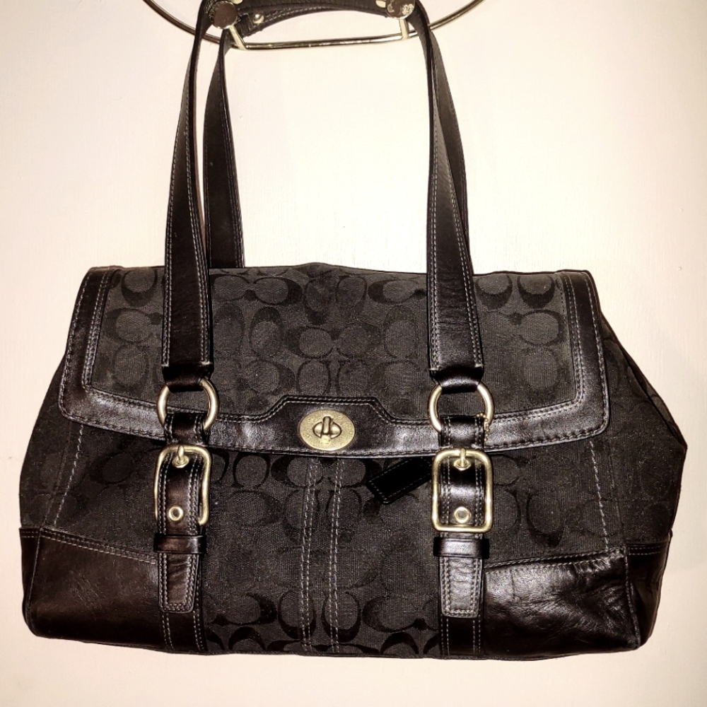 Coach Black Satchel Logo Canvas Leather Trim